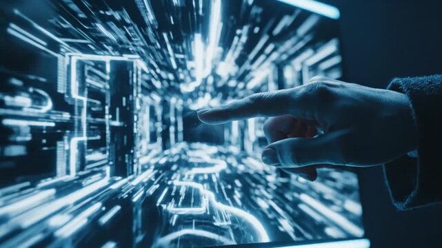 Futuristic scene showing a person's finger touching a digital interface, triggering a burst of light that transforms into a dynamic, glowing tunnel of data and high tech circuitry