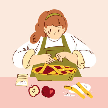 Woman Preparing Homemade Apple Pie in a Kitchen, Autumn Baking Illustration with Fresh Apples, Pastry and Ingredients for Recipe Books, Bakery Branding, Food Packaging, Cooking Blogs and Advertising