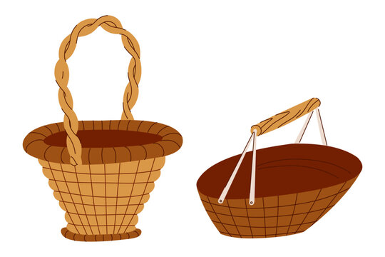 Hand Drawn Wicker Basket Set for Apple Harvest, Empty Fruit Baskets with Rustic Handles, Autumn Farm Illustration for Seasonal Packaging, Farmers Market Branding, Kitchen Decor and Country