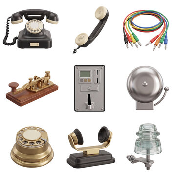 Vintage communication objects and telecommunication equipment set on transparent background