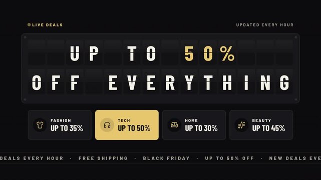 Black Friday deals on a split flap board with flipping letters and up to 50% off discount black and gold seamless loop