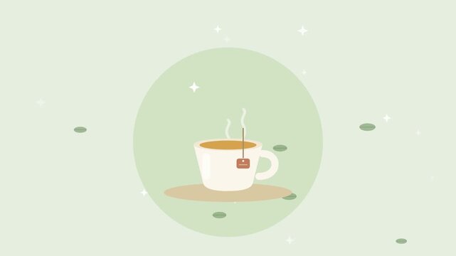 Steaming tea cup with swaying tea bag and falling tea leaves, cozy wellness animation, seamless loop