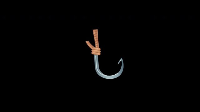 Fishing hook suspended by a rope against a black background