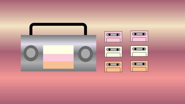 Animated Metallic Gray Retro Boombox with Six Cassette Tapes on Pink Beige Gradient Background