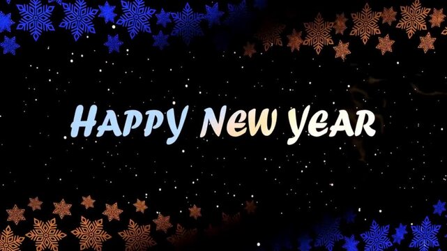  happy new year text with dynamic smoke trails and blue orange snowflakes falling across a dark starry night sky background during winter holiday celebration greeting card vector design m