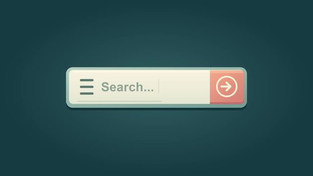 A cream search field with menu icon and coral arrow button gently submits a search on a dark teal background.