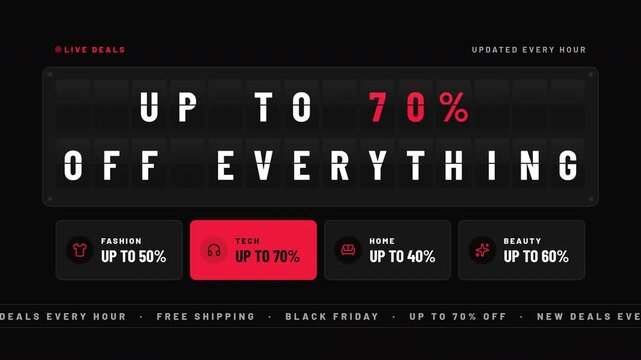 Black Friday deals on a split flap board with flipping letters and up to 70% off discount black and red seamless loop