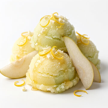 Ultra-realistic 8K macro photograph of yuzu pear sorbet, pale lemon-yellow and pear-green scoops with delicate icy crystals, fresh pear slices, fine yuzu zest curls, tiny white chocolate shavings and 