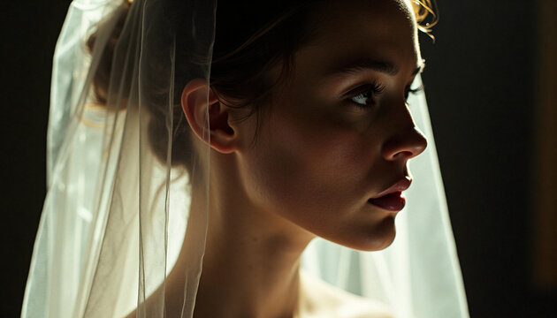 stunning dramatic close-up profile portrait of a beautiful bride in a veil with artistic rim lighting on a dark background