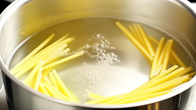 Clear water gently simmers in a stainless-steel pot, tiny bubbles rising around plain pasta; close crop, clean kitchen lighting, no hands or logos. Photorealistic commercial stock video