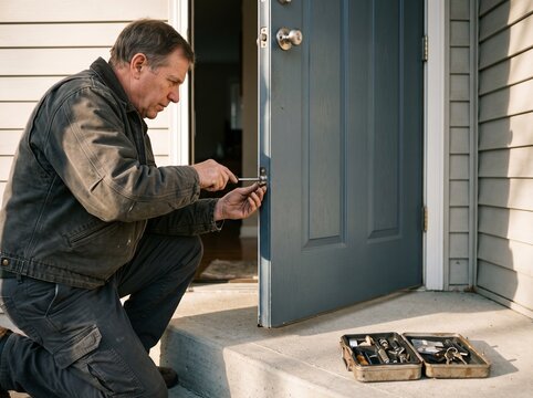 Professional locksmith repairing door lock with screwdriver tools and