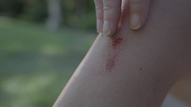 Extreme close-up of fingers picking at a fresh, bloody skin scrape on a leg.