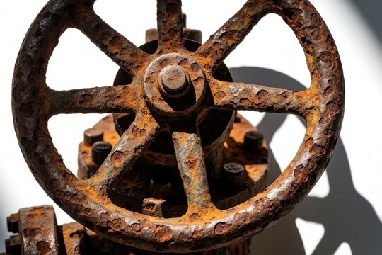 Close up of old rusted gate valve with large metal wheel handle. Corroded iron machinery part on industrial pipe system. Heavy vintage plumbing equipment shows extreme oxidation, decay in dark
