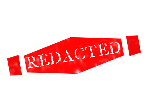 A hexagonal red stamp with the word redacted written in white distressed letters, isolated on a black background, for document security purposes isolated on a transparent background