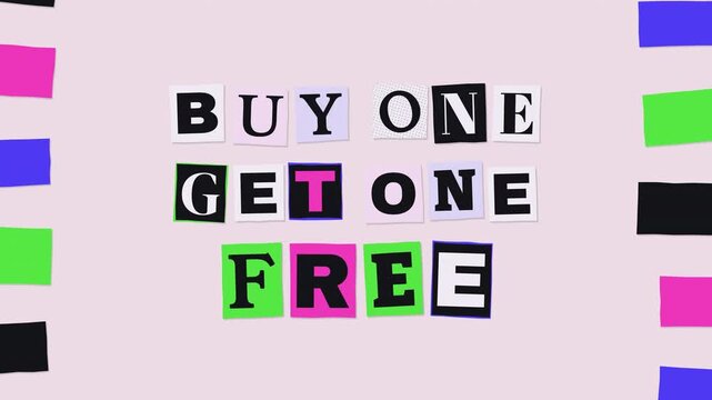 Buy One Get One Free ransom note cutout letters promo animation with colorful paper scraps on pastel pink stop motion seamless loop