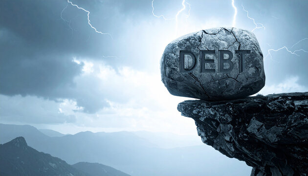 A heavy boulder engraved with the word debt balances precariously on a cliff edge under a stormy, lightningfilled sky. Nobody is present in this powerful metaphor for financial instability.