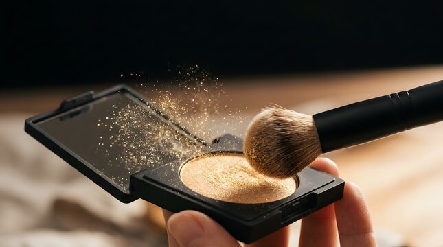 Hand holding a makeup compact with gold shimmering cosmetic powder dust