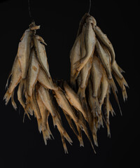 Dried, golden-smoked small fish hang suspended in layered clusters against a pitch-black background. Chiaroscuro lighting highlights their silvery-amber scales and delicate, rustic textures. © daniel