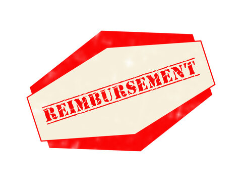 A hexagonal stamp with the word reimbursement written in a distressed red font on a light cream background, with a red, border on a, white background isolated on a transparent background