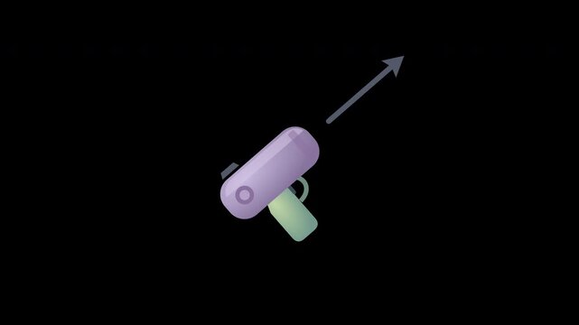 A lavender and sage toy launcher sends an arrow forward and retracts it smoothly in an eight second transparent loop.