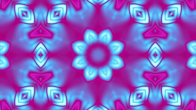 Vibrant abstract kaleidoscope pattern with glowing blue and pink symmetrical floral shapes.