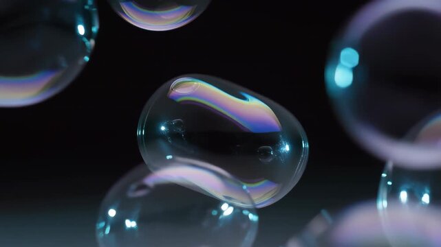 60 FPS Macro soap bubbles drifting then one pops with water splash and mist on black background