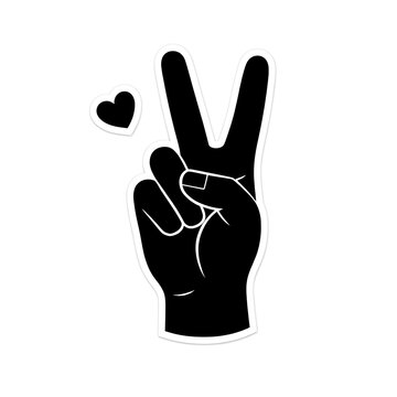 Black peace sign hand vector sticker design featuring cute tiny heart element against white background