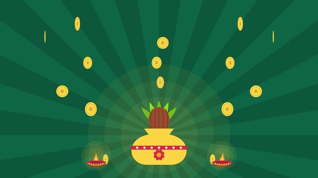 Dhanteras gold coins spinning down into kalash with diyas, flat vector animation seamless loop
