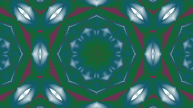 Abstract geometric kaleidoscope pattern in shades of green blue and purple.