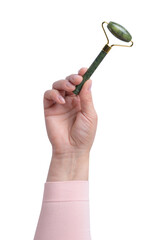Female hand holding a jade roller for facial massage, isolated background. © nndanko