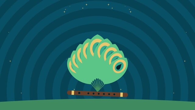 Govardhan Puja fanning peacock feathers with bansuri flute, flat vector animation seamless loop