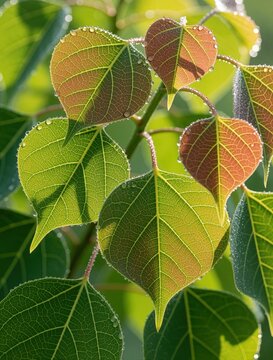 Macro view of Chinese tallow tree leaves with morning dew. Fresh green, red foliage covered in water drops glisten under soft sunlight. Close up of plant branch with sparkling droplets in nature