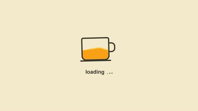 Minimal animated cup with gently moving amber liquid and sequential loading dots on a warm cream background. Seamless six second loop.
