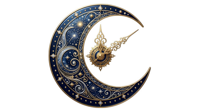 Ornate crescent moon clock with intricate gold filigree and celestial starry night sky design isolated on transparent background