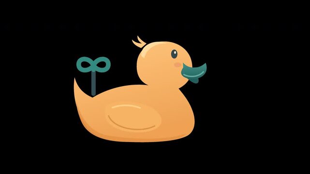 Playful wind up toy duck with a rotating teal key and gentle mechanical waddling on transparency.