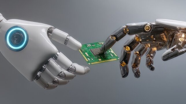 Super intelligence, ai singularity circuit robot, white and metallic robotic hands passing or interacting with a small green microchip or circuit board against a neutral gray background