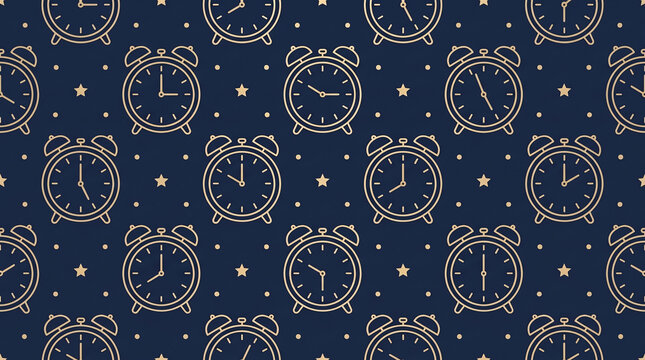 Vintage New Year seamless pattern with hand drawn alarm clocks and stars on dark blue background for wrapping paper
