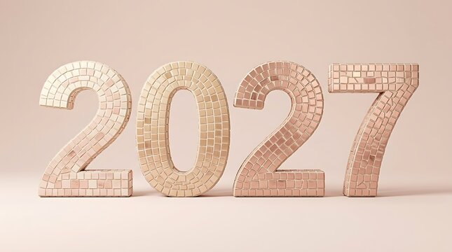 New Year 2027 celebration with rose gold mosaic numbers festive decor