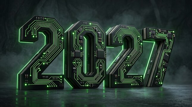 New Year 2027 celebration with glowing circuit board numbers