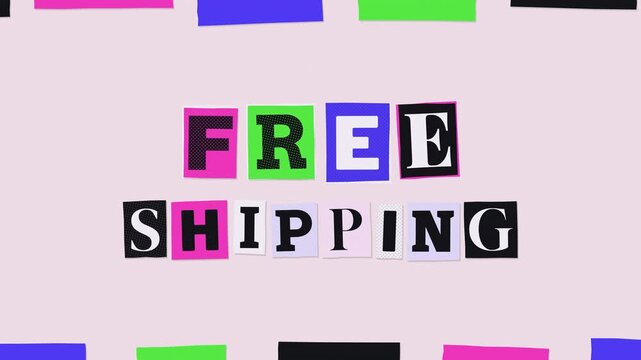 Free Shipping ransom note cutout letters promo animation with colorful paper scraps on pastel pink stop motion seamless loop
