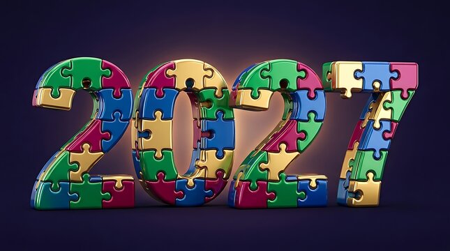 New Year 2027 celebration with colorful puzzle numbers metallic