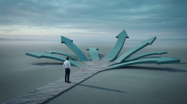 Man stands at a crossroads of multiple directional arrows, symbolizing choice, decision, and pathfinding in a desolate landscape