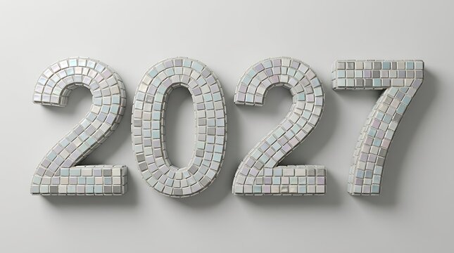 New Year 2027 celebration with mosaic numbers shiny tiles and soft