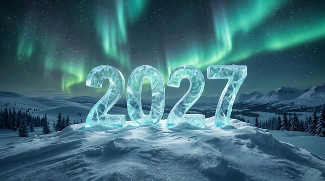 New Year 2027 celebration with ice numbers aurora borealis and snowy