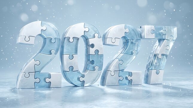 New Year 2027 celebration with ice puzzle numbers falling snow and
