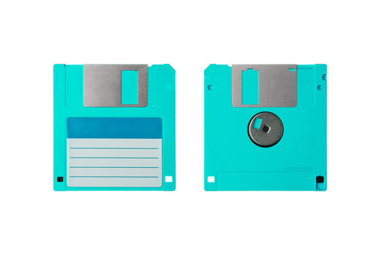 Two cyan vintage floppy disks isolated on white back