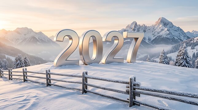New Year 2027 celebration with metallic numbers snowy mountains and