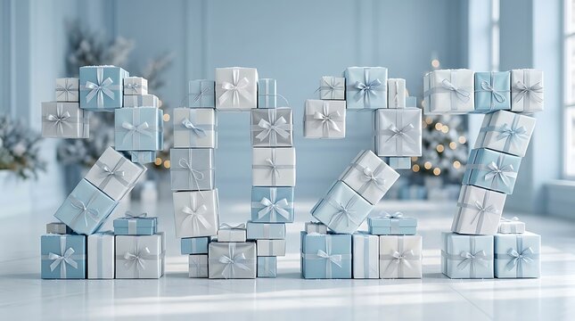New Year 2027 celebration with stacked gift boxes blue ribbons and