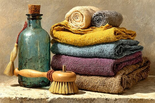 Colorful Folded Towels with Vintage Glass Bottle and Bath Brush