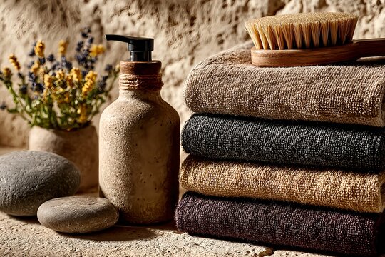 Natural Spa Still Life with Towels and Ceramic Soap Dispenser